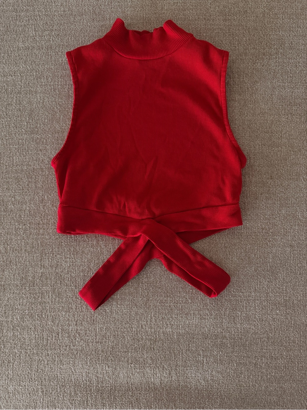Ambiance Red Ribbed Tie-Back Mock Neck Crop Top